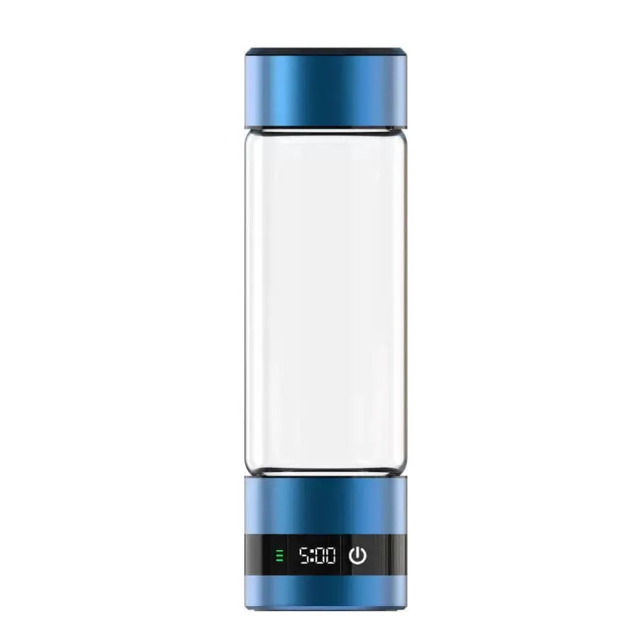 Clear glass water bottle with blue accents and digital display on a white background