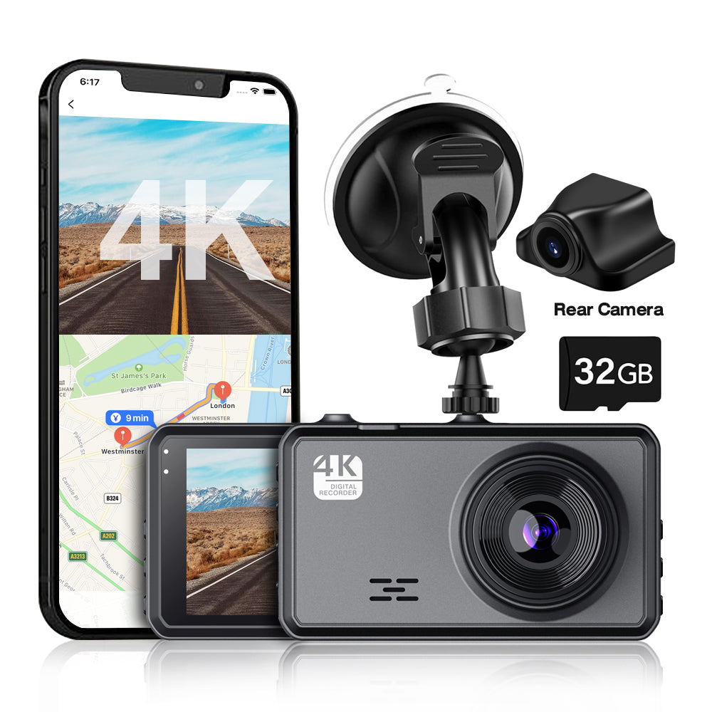Car dashboard Vantracam Dash Cam with smartphone displaying road map, rear camera, and 32GB memory card on a white background.