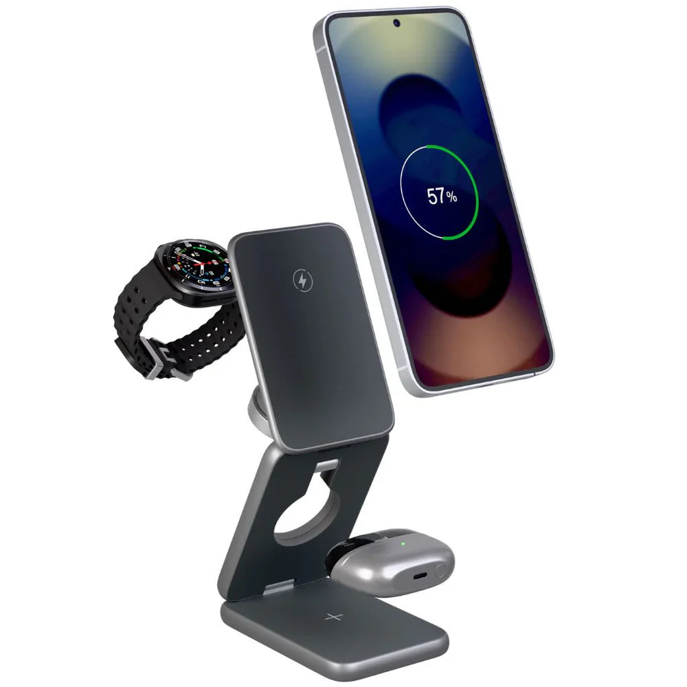 Multi-device charging stand with smartphone, smartwatch, and wireless earbuds on a white background