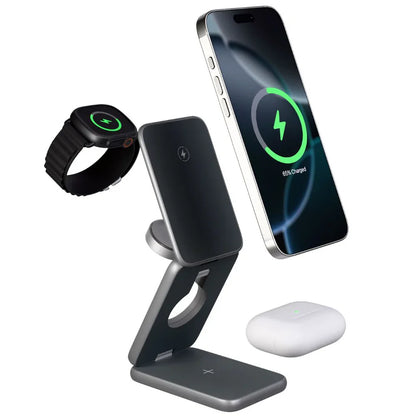 Wireless charging stand with smartphone, watch, and mouse on a white background