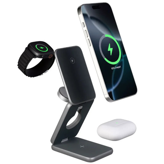 Wireless charging stand with smartphone, watch, and mouse on a white background