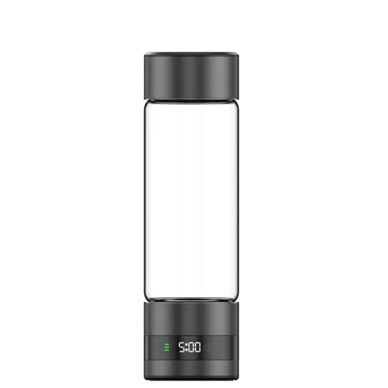 Clear glass Lenniemart Hydrogen Water Bottle with black lid and base on a white background