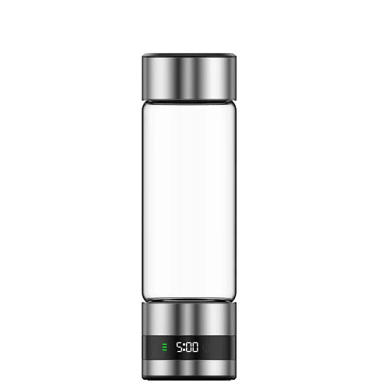 Clear glass Lenniemart Hydrogen Water Bottle with silver lid and digital display on a white background