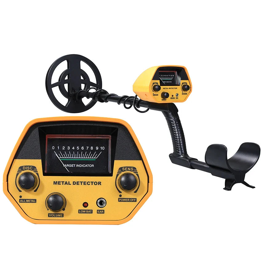 Yellow metal detector with black components on a white background