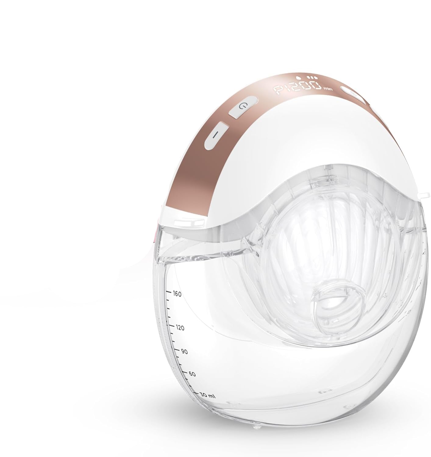 Clear shaker bottle with rose gold cap on a white background