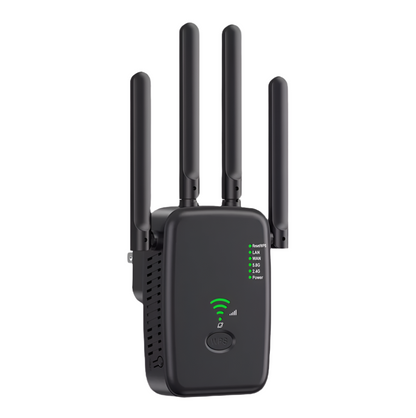 Qinux Spiddy WiFi Extender router with multiple antennas on a white background