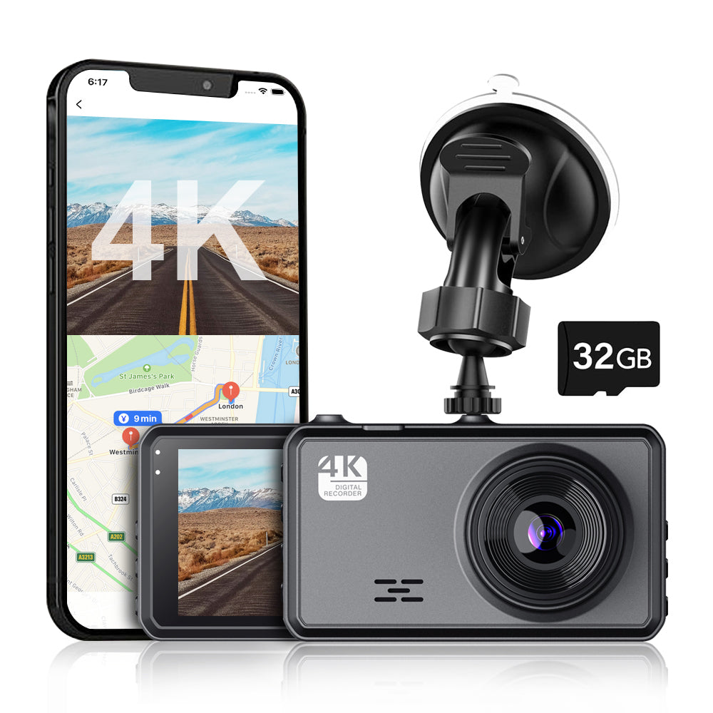 Car dashboard Vantracam Dash Cam with smartphone displaying map and '4K' text, featuring a 32GB storage option.
