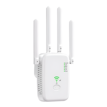 White Qinux Spiddy WiFi Extender with antennas on a light gray background