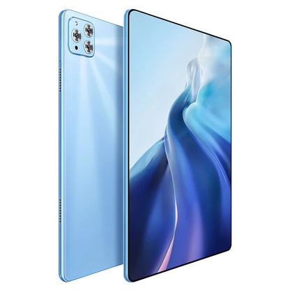 Blue Lumatab tablet  showing front and back on a white background